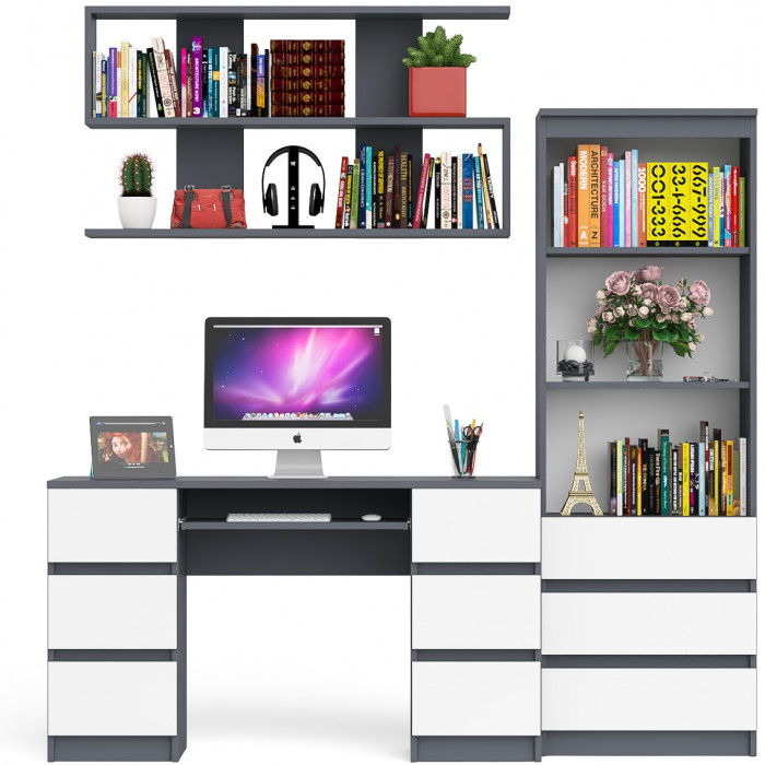 Мори компьютерный стол МС-2 + Стеллаж МСТ600.3 + Полка 1200, графит/белый