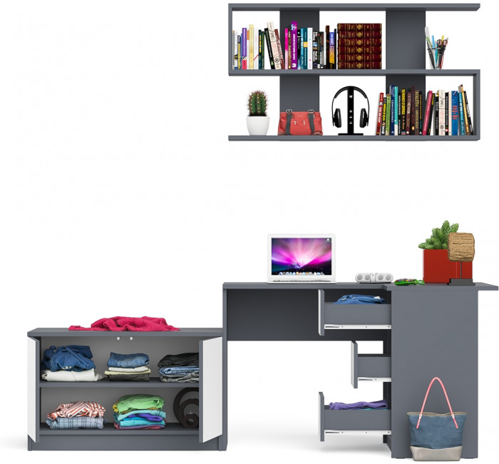 Мори Стол компьютерный МС-16 правый + Тумба МА900.1 + Полка 1200, цвет графит/белый, ШхГхВ 214,8х84,9х209,6 см., НЕ универсальная сборка
