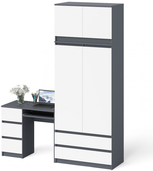 Мори Стол компьютерный МС-6 левый + Шкаф МШ900.1 + Антресоль МА900.1, цвет графит/белый, ШхГхВ 180,4х50,4х234,2 см., выдвиж. ящики слева, НЕ ун. сб.
