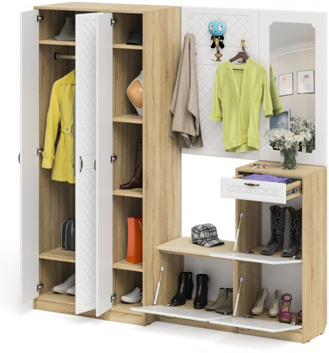 Прихожая П-6 Компоновка № 51, дуб сонома/фасады МДФ белое дерево фрезеровка ромб