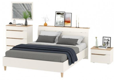 Муссон Кровать 11.41 + ортопед + Тумба 16.03 + Комод 13.97 + Зеркало СВК, цвет белый/дуб эндгрейн элегантный, сп. м. 1600х2000 мм., б/м