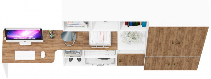 Лидер-8 Стол + Полка + Тумба МД 3.19 + Шкаф МД 20Б, белый шагрень/крафт золото