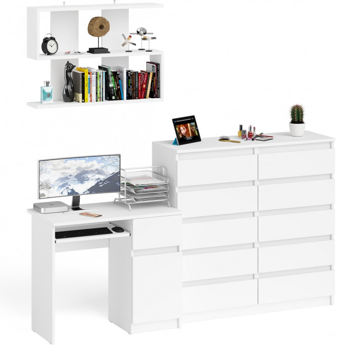 Мори Стол компьютерный МС-1 правый + Комод МК1200.10 + Полка 900, цвет белый, ШхГхВ 210,4х50х209,6 см., НЕ универсальная сборка