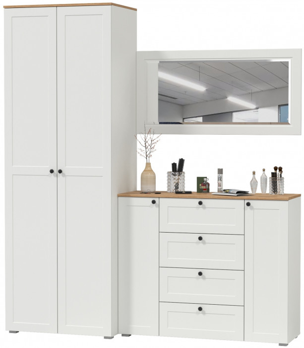 Остин Прихожая 14, цвет белый шагрень/дуб крафт золотой, ШхГхВ 200х54,3х229,6 см., универсальная сборка