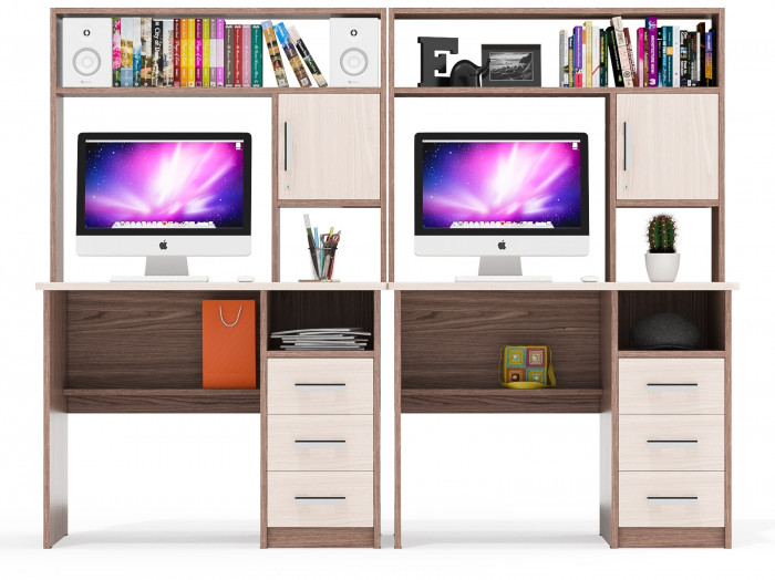 Стол компьютерный С-МД-СК9+Стол компьютерный С-МД-СК9, цвет ясень шимо светлый/ясень шимо тёмный, ШхГхВ 204х70х160 см., НЕ универсальная сборка