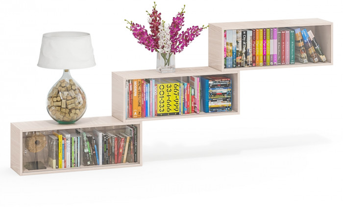 Три полки книжных С-МД-КН01, цвет ясень шимо светлый, размер каждой полки в отдельности: ШхГхВ 83х25х30 см., стеклянные дверцы