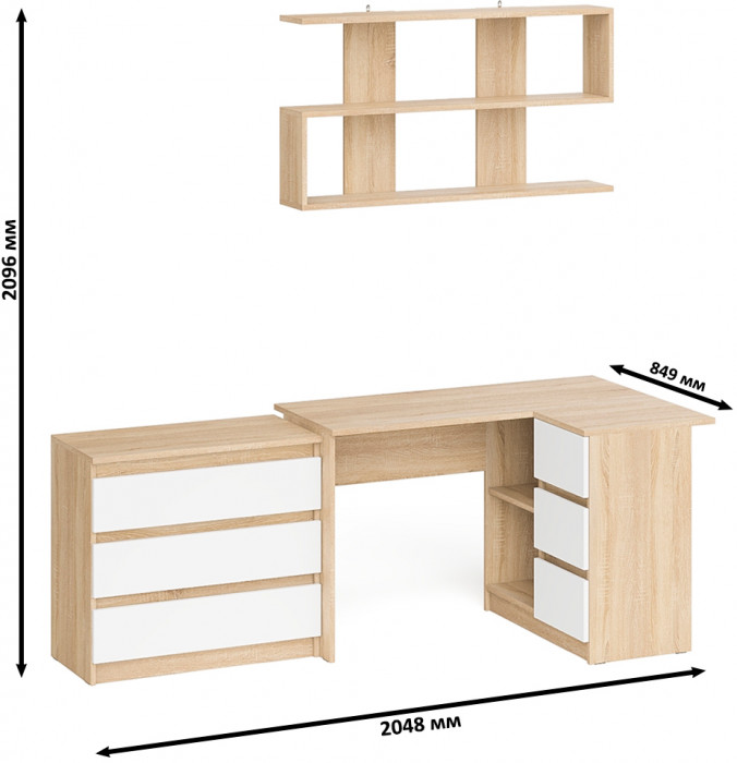 Мори компьютерный стол МС-16 правый + Комод МК800.1 + Полка 1200, дуб сонома/белый