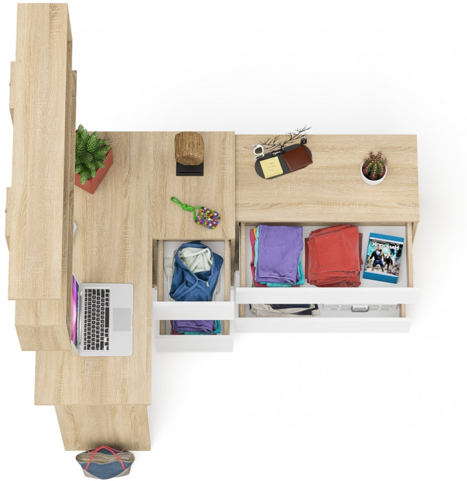 Мори компьютерный стол МС-16 правый + Комод МК800.1 + Полка 1200, дуб сонома/белый