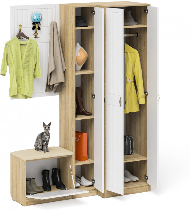 Прихожая П-6 Компоновка № 27, дуб сонома/фасады МДФ белое дерево фрезеровка прованс