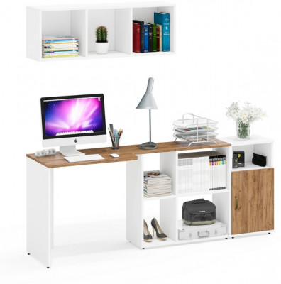 Лидер-8 Стол + Полка + Тумба МД 3.19, белый шагрень/крафт золото