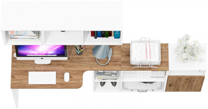 Лидер-8 Стол + Полка + Тумба МД 3.19, белый шагрень/крафт золото