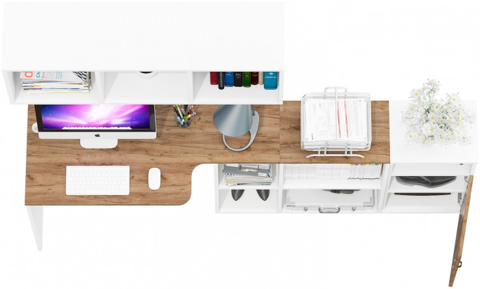 Лидер-8 Стол + Полка + Тумба МД 3.19, белый шагрень/крафт золото