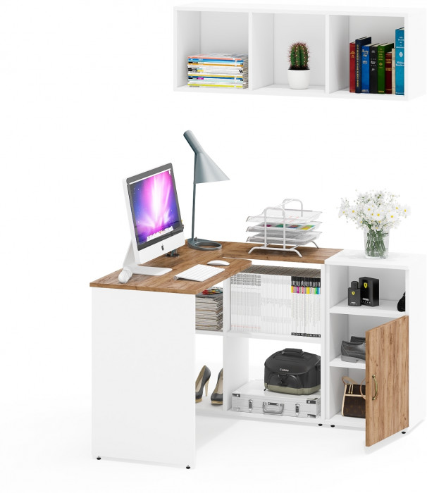 Лидер-8 Стол + Полка + Тумба МД 3.19, белый шагрень/крафт золото