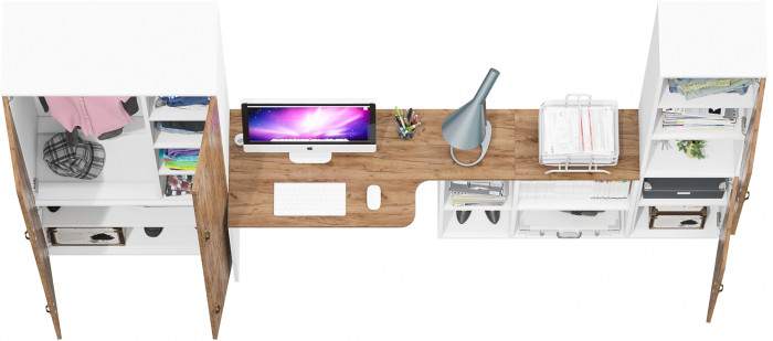 Лидер-8 Шкаф МД 20Б + Стол + Пенал, белый шагрень/крафт золото