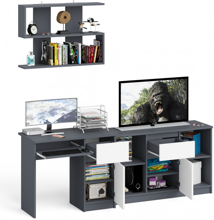 Мори компьютерный стол МС-1 правый + Тумба МТВ1204.1 + Полка 900, графит/белый