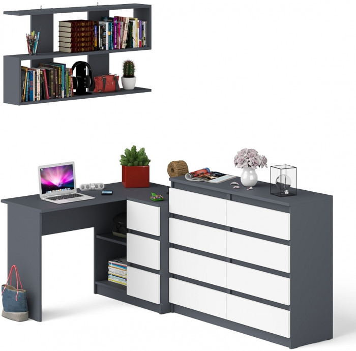 Мори компьютерный стол МС-16 правый + Комод МК1200.8 + Полка 1200, графит/белый