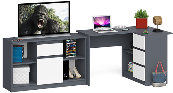 Мори компьютерный стол МС-16 правый + Тумба МТВ1204.1, графит/белый