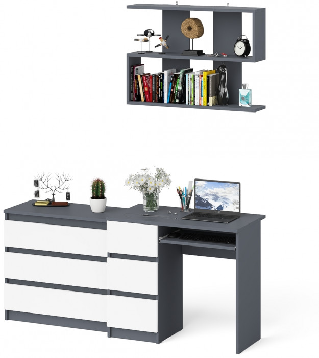 Мори компьютерный стол МС-6 левый + Комод МК800.1 + Полка 900, графит/белый