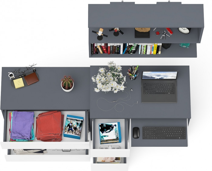 Мори компьютерный стол МС-6 левый + Комод МК800.1 + Полка 900, графит/белый