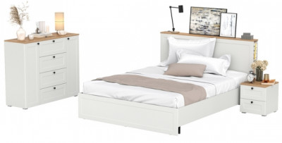 Остин 11.53 Кровать + ортопед + 16.152 Тумба прикроватная + 16.221 Комод, белый шагрень/дуб крафт золотой