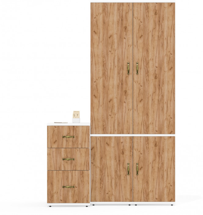 Лидер-8 Пенал МД 21Б + Пенал МД 21Б + Тумба МД 3.16, цвет белый шагрень/крафт золото, ШхГхВ 120х50х190 см., универсальная сборка