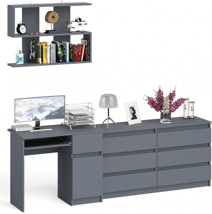 Мори компьютерный стол МС-1 правый + Комод МК1380.6 + Полка 900, графит