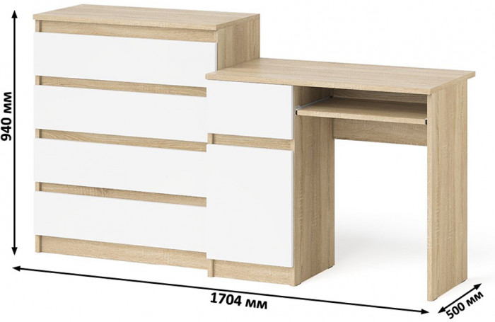 Мори Стол компьютерный МС-1 левый + Комод МК800.4, цвет дуб сонома/белый, ШхГхВ 170,4х50х94 см., выдвижной ящик слева, НЕ универсальная сборка