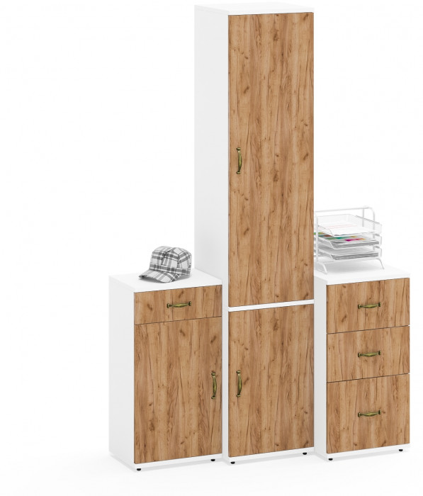 Лидер-8 Пенал МД 22Б + Тумба МД 3.15 + Тумба МД 3.16, белый шагрень/крафт золото