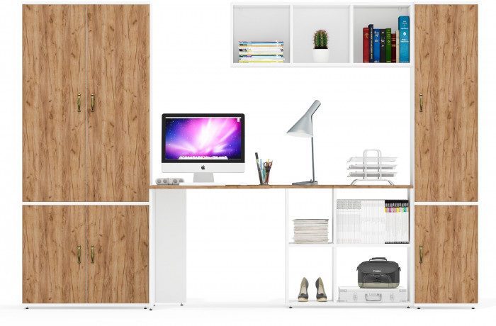 Лидер-8 Шкаф МД 20Б + Стол + Полка + Пенал 21Б, белый шагрень/крафт золото