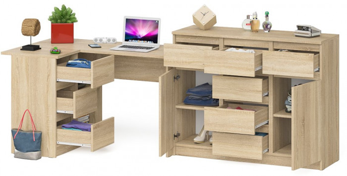 Мори компьютерный стол МС-16 левый + Комод МК1200.4, дуб сонома