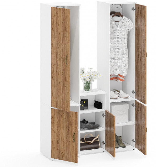 Лидер-8 Пенал МД 21Б + Пенал МД 21Б + Тумба МД 3.19, цвет белый шагрень/крафт золото, ШхГхВ 120х37,5х190 см., универсальная сборка