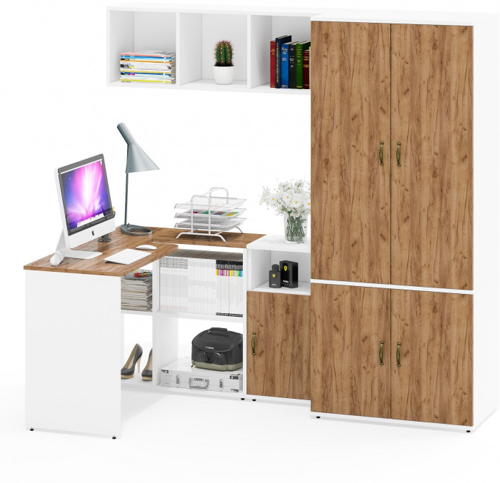 Лидер-8 Стол + Полка + Тумба МД 3.19 + Шкаф МД 19Б, цвет белый шагрень/крафт золото, ШхГхВ 285х50/50х75/190 или 200х115/50х75/190 см., НЕ ун. сб.