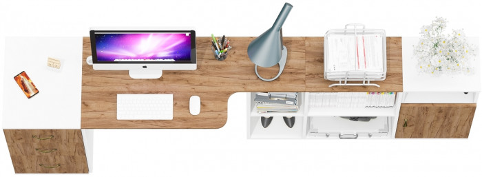 Лидер-8 Стол + Тумба МД 3.16 + Тумба МД 3.19, цвет белый шагрень/крафт золото, ШхГхВ 245х50/30х75 см. или 115х50/160х75 см., НЕ универсальная сборка