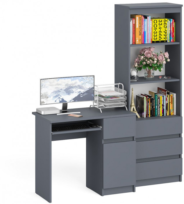 Мори Стол компьютерный МС-1 правый + Стеллаж МСТ600.3, цвет графит, ШхГхВ 150,4х50х179,6 см., выдвижной ящик справа, НЕ универсальная сборка