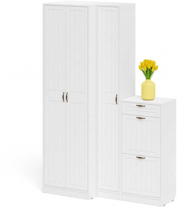 Прихожая П-6 Компоновка № 28, белая шагрень/фасады МДФ белое дерево фрезеровка прованс