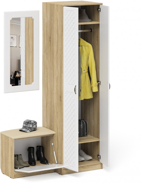 Прихожая П-6 Компоновка № 11, цвет дуб сонома/фасады МДФ белое дерево фрезеровка ромб, ШхГхВ 120х50х210 см., универсальная сборка