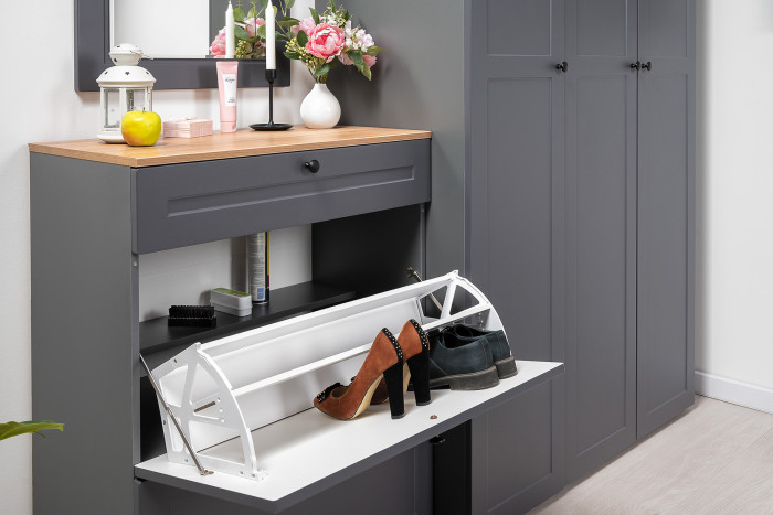 Остин 16.121 Тумба для обуви + 17.03 Зеркало, серый графит/дуб крафт золотой