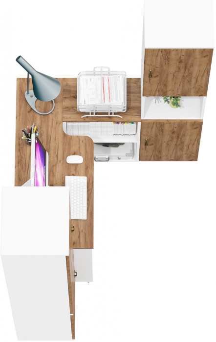 Лидер-8 Пенал МД 21Б + Стол + Пенал, цвет белый шагрень/крафт золото, ШхГхВ 245х50/37,5х75/190 или 155х120/50х75/190 см., НЕ универсальная сборка