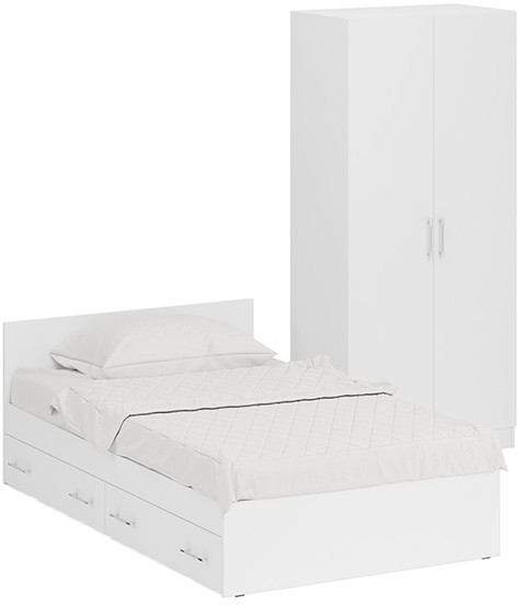 Кровать с ящиками 1200 + Шкаф 2-х створчатый Стандарт, белый