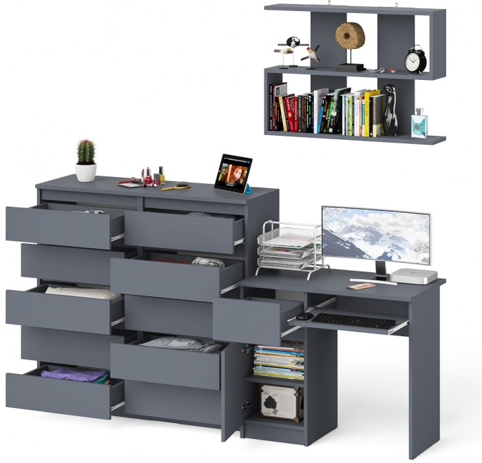 Мори компьютерный стол МС-1 левый + Комод МК1200.10 + Полка 900, графит
