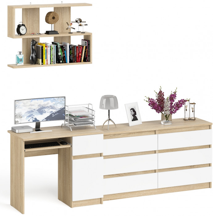 Мори компьютерный стол МС-1 правый + Комод МК1380.6 + Полка 900, дуб сонома/белый
