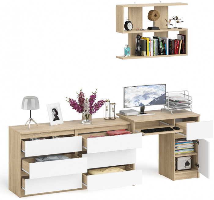 Мори компьютерный стол МС-1 правый + Комод МК1380.6 + Полка 900, дуб сонома/белый