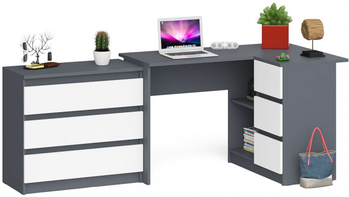 Мори компьютерный стол МС-16 правый + Комод МК800.1, графит/белый