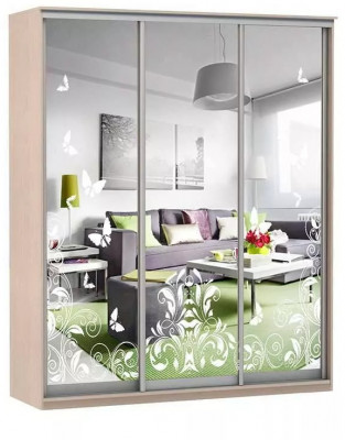 Шкаф купе Модерн 2076х600 3-х дверный 3-х секционный зеркальный с пескоструем №4 ясень