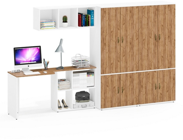 Лидер-8 Стол + Полка + Шкаф МД 19Б + Шкаф МД 19Б, цвет белый шагрень/крафт золото, ШхГхВ 325х50х75/190 или 240х115/50х75/190 см., НЕ ун. сборка