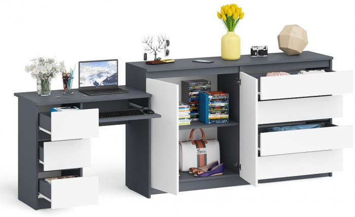 Мори Стол компьютерный МС-6 левый + Комод МК1600.1, цвет графит/белый, ШхГхВ 250,4х50х94 см., выдвижные ящики слева, НЕ универсальная сборка