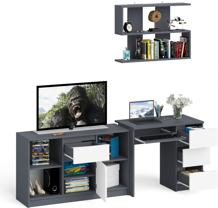Мори Стол компьютерный МС-6 правый + Тумба МТВ1204.1 + Полка 900, цвет графит/белый, ШхГхВ 210,4х50х209,6 см., НЕ универсальная сборка