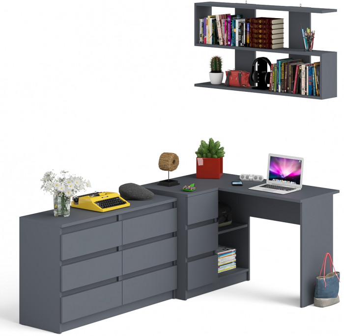 Мори компьютерный стол МС-16 левый + Комод МК1200.6 + Полка 1200, графит