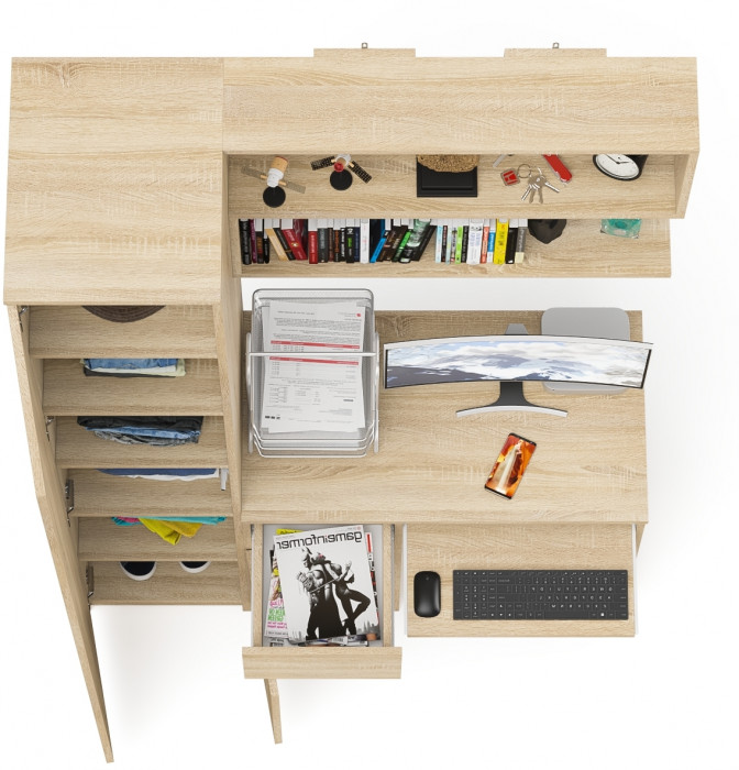 Мори Стол компьютерный МС-1 левый + Пенал МШ400.1 + Полка 900, цвет дуб сонома, ШхГхВ 130,4х50,4х209,6 см., НЕ универсальная сборка