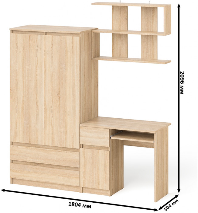 Мори Стол компьютерный МС-1 левый + Шкаф МШ900.1 + Полка 900, цвет дуб сонома, ШхГхВ 180,4х50,4х209,6 см., НЕ универсальная сборка